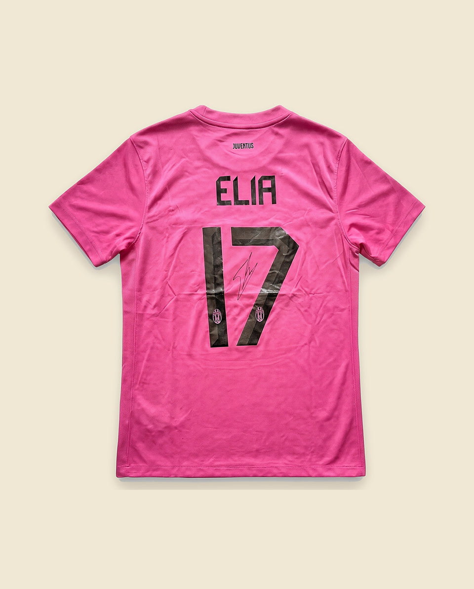 Maillot extérieur rose de la Juventus signé par Eljero Elia, dos avec ELIA 17 et sa signature