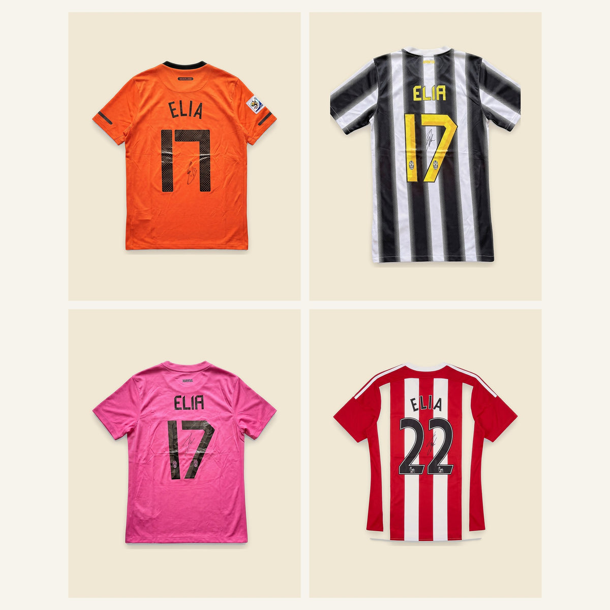 The four signed shirts of Eljero Elia: Oranje, Juventus home, Juventus away and Southampton