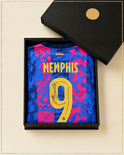 Gesigneerd FC Barcelona derde shirt 2021/22 met MEMPHIS 9 en handtekening, in de zwarte MysteryKitz-doos