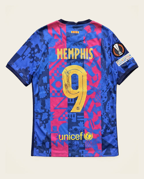 Gesigneerd FC Barcelona derde shirt 2021/22, achterkant met MEMPHIS 9 en handtekening